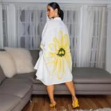 White Yellow Half Sleeve Print Fashion Casual Women's T-Skirt Cardigan Dress