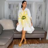 White Yellow Half Sleeve Print Fashion Casual Women's T-Skirt Cardigan Dress