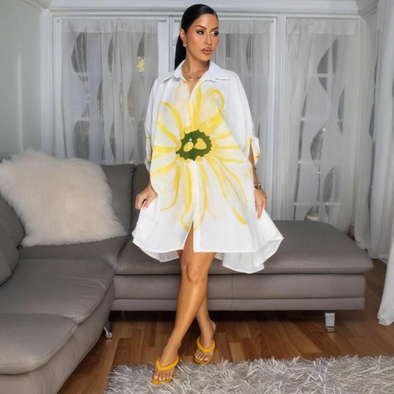 White Yellow Half Sleeve Print Fashion Casual Women's T-Skirt Cardigan Dress