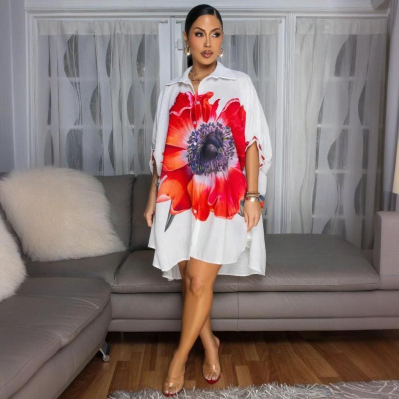 White Red Half Sleeve Print Fashion Casual Women's T-Skirt Cardigan Dress
