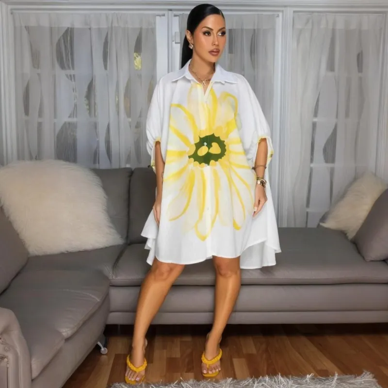 White Yellow Half Sleeve Print Fashion Casual Women's T-Skirt Cardigan Dress