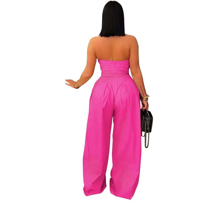 Rose Red Irregular Neck Off Shoulder Button Casual Women's Wide Jumpsuit