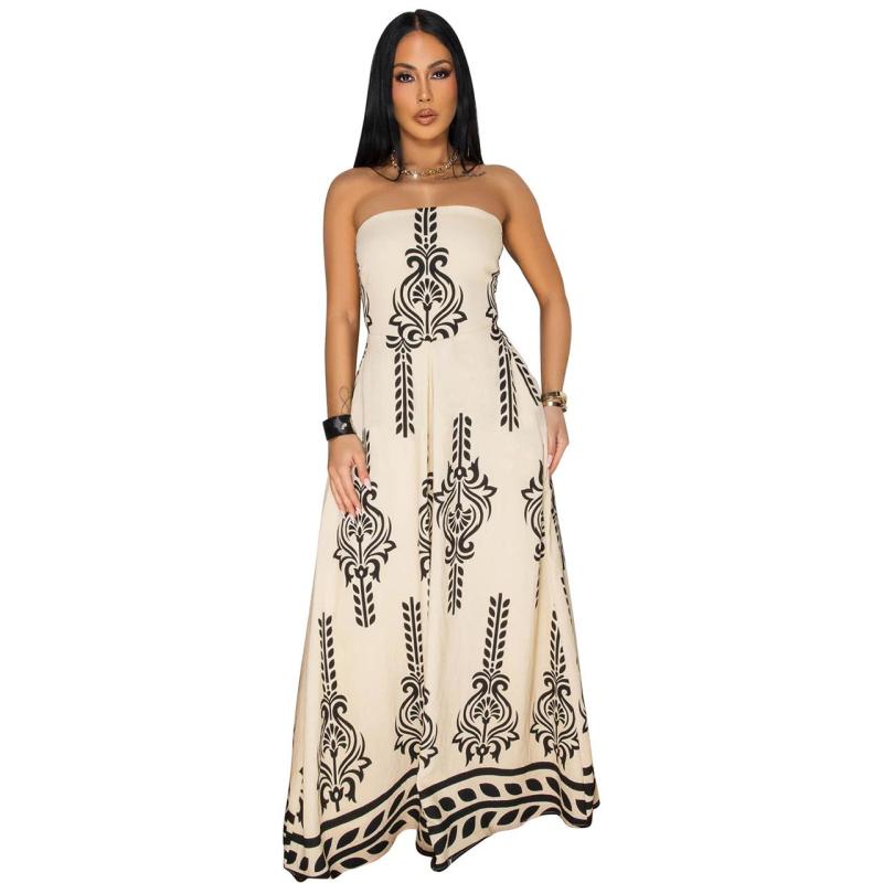 Beige Off the Shoulder Print Wide Leg Casual Women Jumpsuit Dress