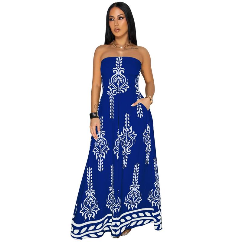 Blue Off the Shoulder Print Wide Leg Casual Women Jumpsuit Dress