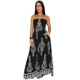 Black Off the Shoulder Print Wide Leg Casual Women Jumpsuit Dress