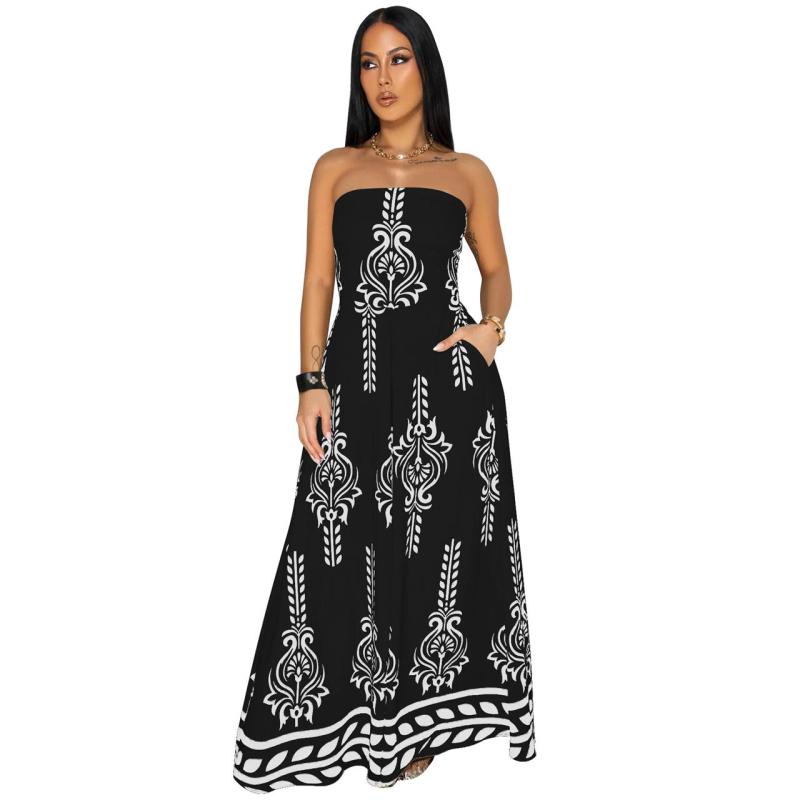 Black Off the Shoulder Print Wide Leg Casual Women Jumpsuit Dress