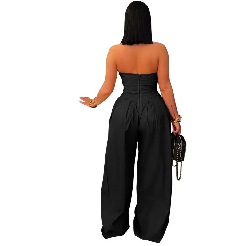 Black Irregular Neck Off Shoulder Button Casual Women's Wide Jumpsuit
