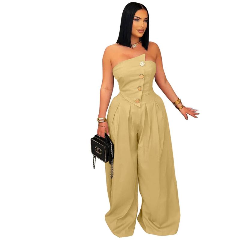 Khaki Irregular Neck Off Shoulder Button Casual Women's Wide Jumpsuit