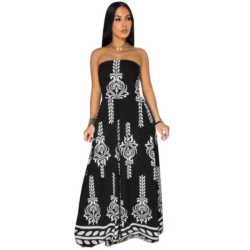 Black Off the Shoulder Print Wide Leg Casual Women Jumpsuit Dress
