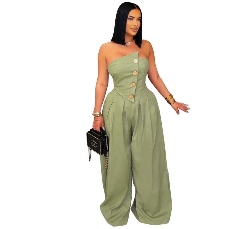 Green Irregular Neck Off Shoulder Button Casual Women's Wide Jumpsuit