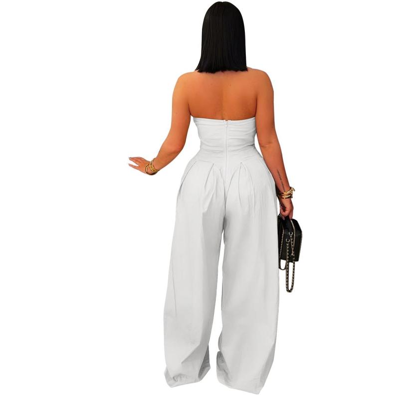 White Irregular Neck Off Shoulder Button Casual Women's Wide Jumpsuit