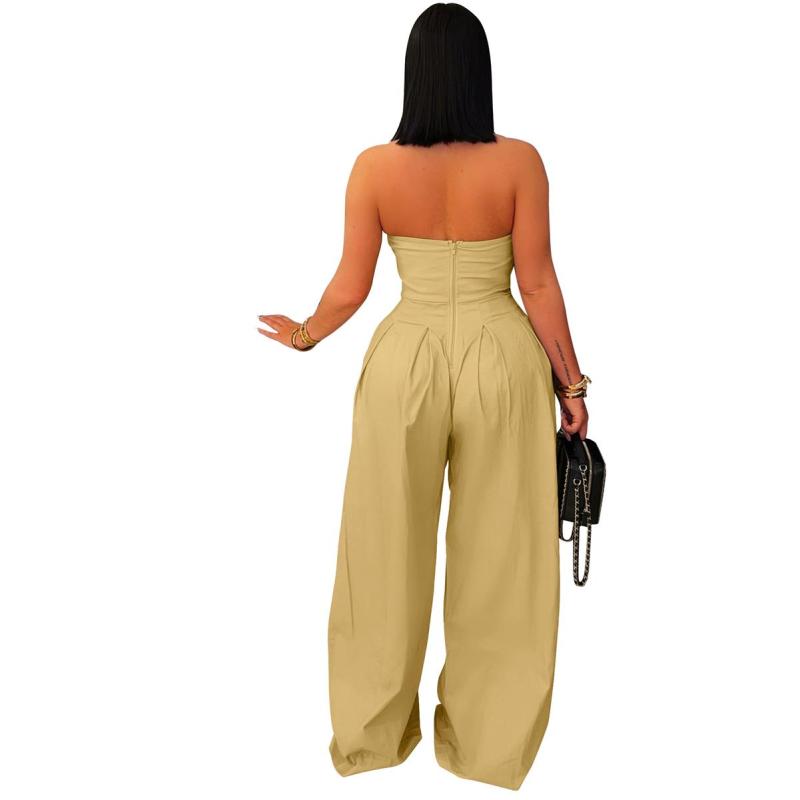 Khaki Irregular Neck Off Shoulder Button Casual Women's Wide Jumpsuit