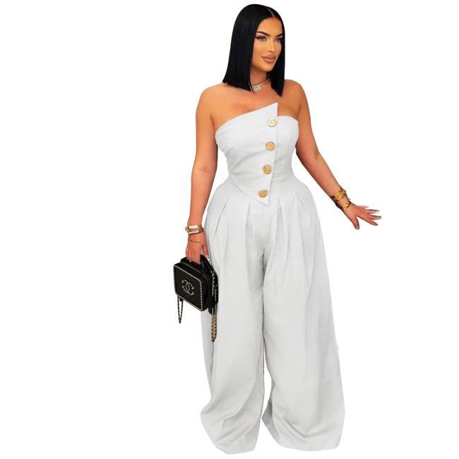 White Irregular Neck Off Shoulder Button Casual Women's Wide Jumpsuit