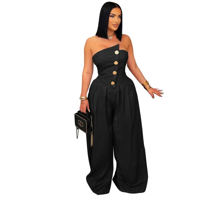Black Irregular Neck Off Shoulder Button Casual Women's Wide Jumpsuit