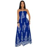 Blue Off the Shoulder Print Wide Leg Casual Women Jumpsuit Dress