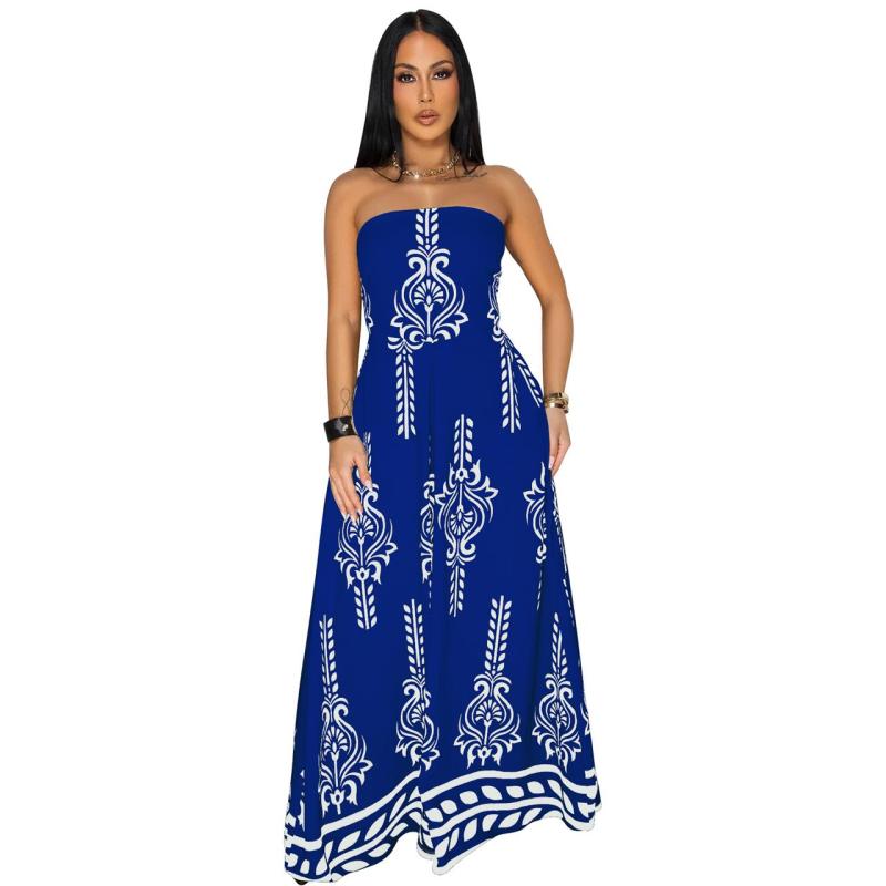 Blue Off the Shoulder Print Wide Leg Casual Women Jumpsuit Dress