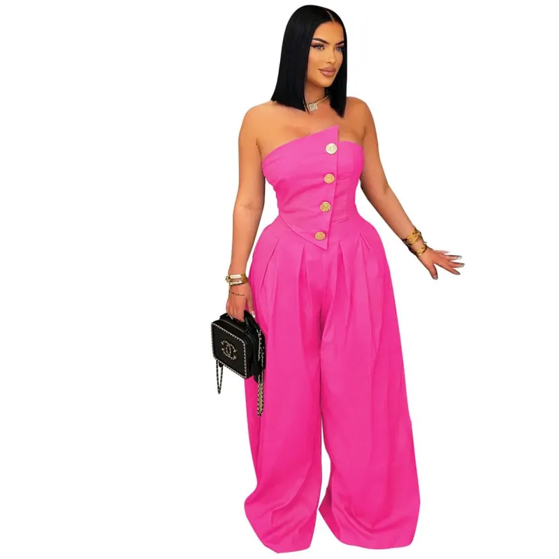 Rose Red Irregular Neck Off Shoulder Button Casual Women's Wide Jumpsuit