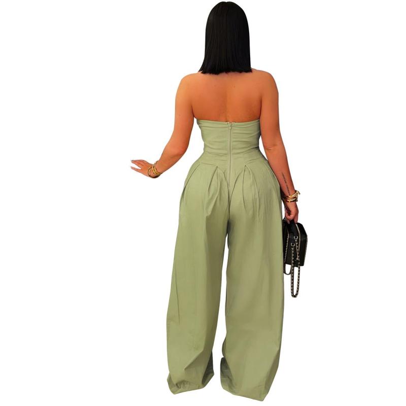 Green Irregular Neck Off Shoulder Button Casual Women's Wide Jumpsuit