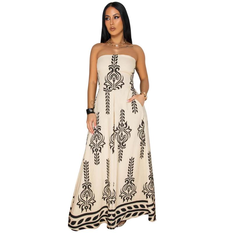Beige Off the Shoulder Print Wide Leg Casual Women Jumpsuit Dress