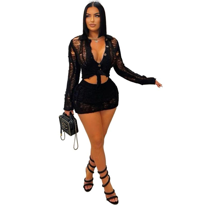 Black Long Sleeve Knitted Hollow Out Sexy Two Pieces Skirt Dress
