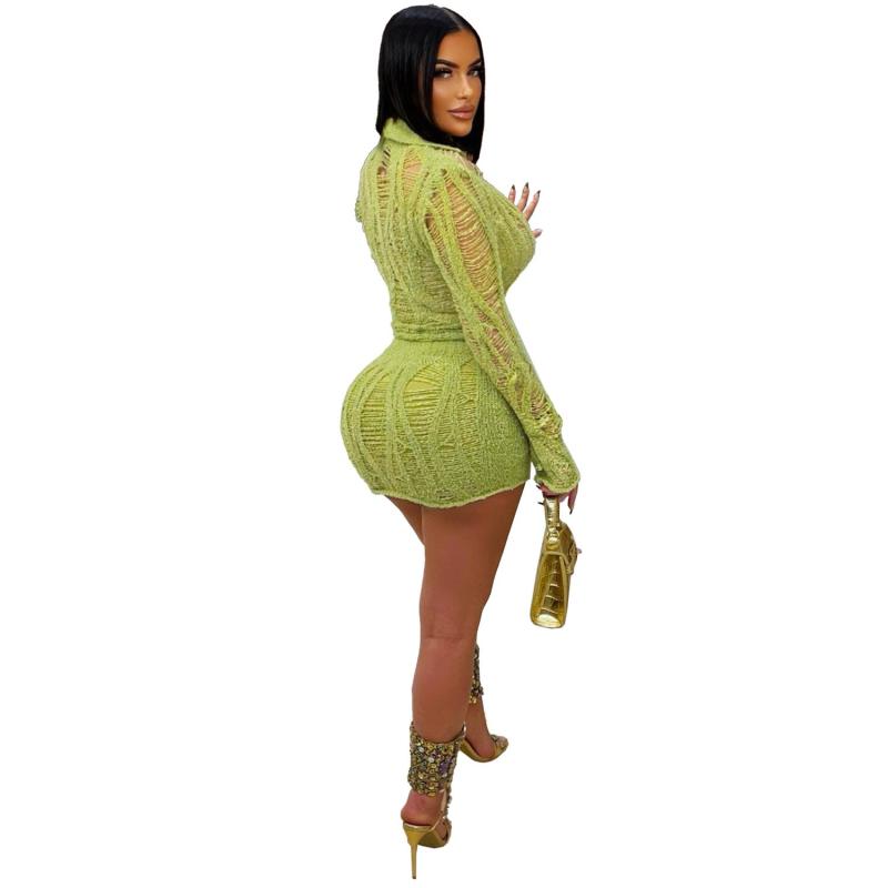 Green Long Sleeve Knitted Hollow Out Sexy Two Pieces Skirt Dress