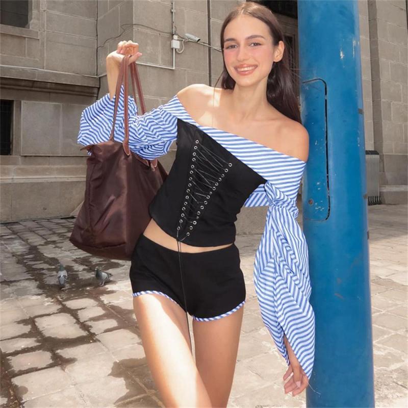 Black Long Sleeve Striped Two Pieces Sexy Short Sets