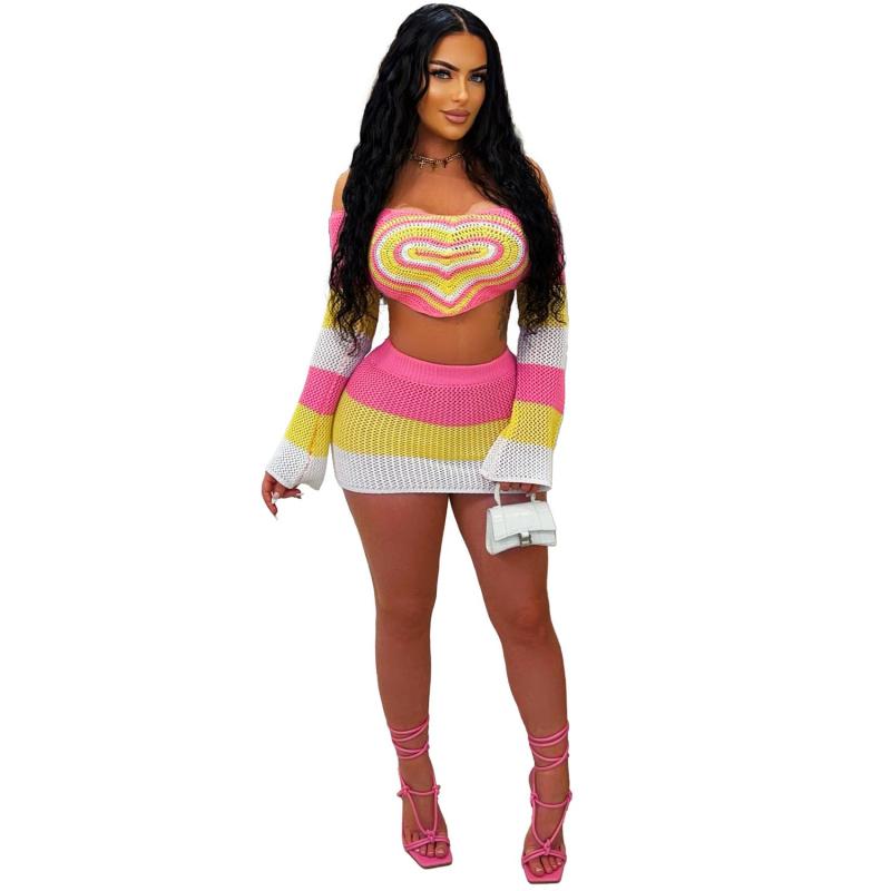 Pink Long Sleeve Knitted Bodycon Hollow Out Mini Skirt Dress
