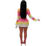 Pink Long Sleeve Knitted Bodycon Hollow Out Mini Skirt Dress