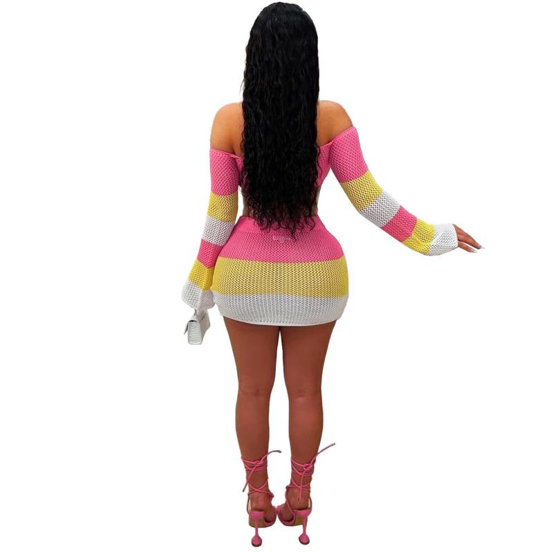 Pink Long Sleeve Knitted Bodycon Hollow Out Mini Skirt Dress