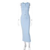 Sky Blue Buttons Single-Breasted Cardigan Striped Bodycon Women Skirt Sets Dress 004