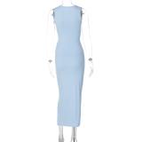 Sky Blue Buttons Single-Breasted Cardigan Striped Bodycon Women Skirt Sets Dress 004