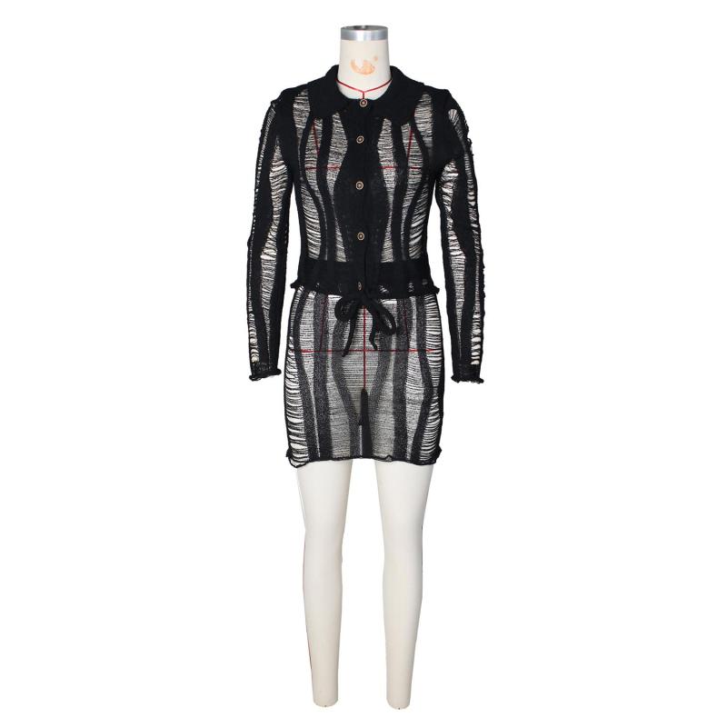 Black Long Sleeve Knitted Hollow Out Sexy Two Pieces Skirt Dress