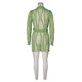 Green Long Sleeve Knitted Hollow Out Sexy Two Pieces Skirt Dress