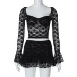 Black Lace Low Cut Sexy Hollow Out Two Pieces Sexy Party Skirt Dress Sets