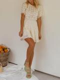 Beige Short Sleeve Lace Hollow Out Pleated Mini Dress