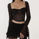 Black Lace Low Cut Sexy Hollow Out Two Pieces Sexy Party Skirt Dress Sets