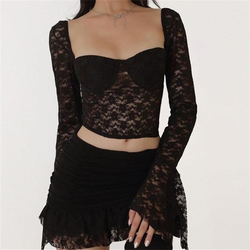 Black Lace Low Cut Sexy Hollow Out Two Pieces Sexy Party Skirt Dress Sets