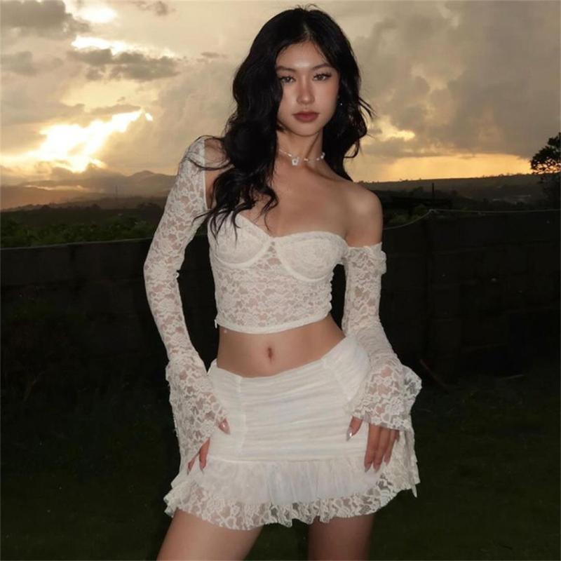 White Lace Low Cut Sexy Hollow Out Two Pieces Sexy Party Skirt Dress Sets