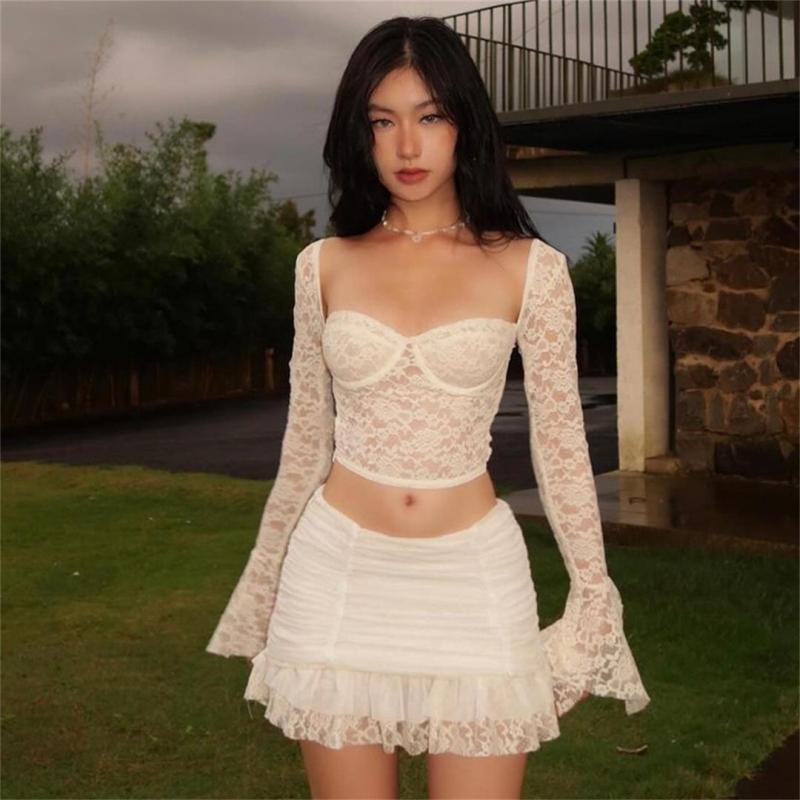 White Lace Low Cut Sexy Hollow Out Two Pieces Sexy Party Skirt Dress Sets