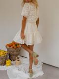 Beige Short Sleeve Lace Hollow Out Pleated Mini Dress