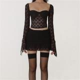 Black Lace Low Cut Sexy Hollow Out Two Pieces Sexy Party Skirt Dress Sets
