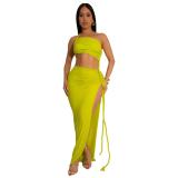 Yellow Sleeveless Straps Weaving Cut Out High Slit Bodycon Long Dress