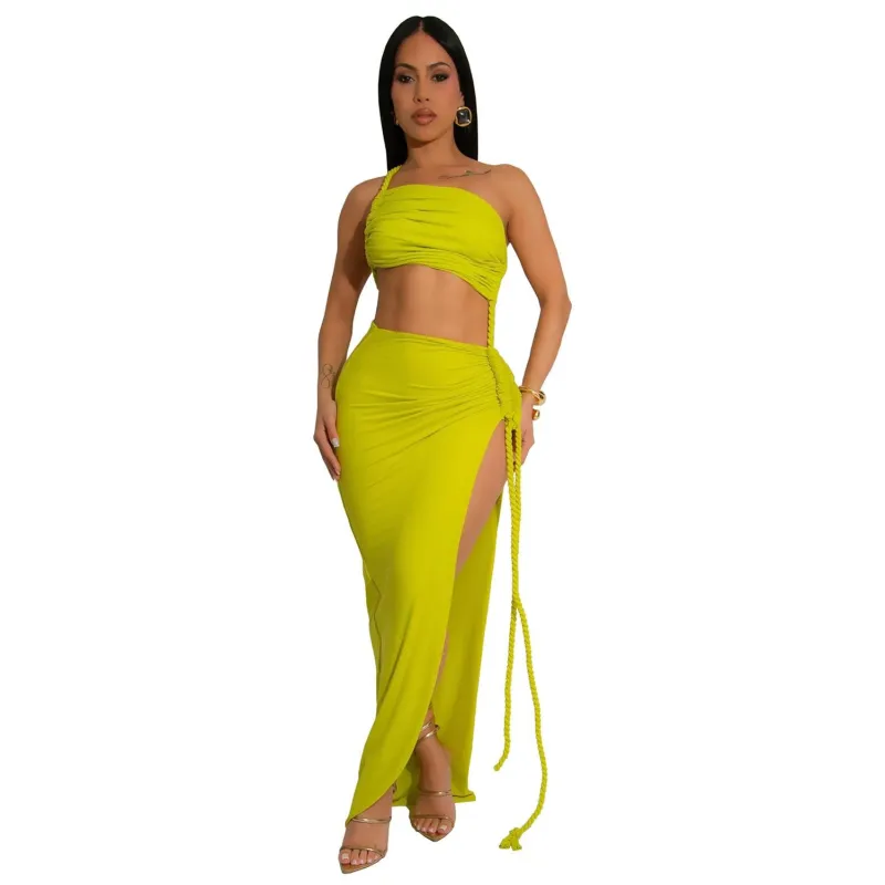 Yellow Sleeveless Straps Weaving Cut Out High Slit Bodycon Long Dress