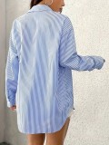 Blue Long Sleeve Striped Fashion Buttons Fashion Women T-Skirt