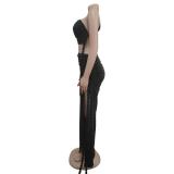 Black Sleeveless Straps Weaving Cut Out High Slit Bodycon Long Dress
