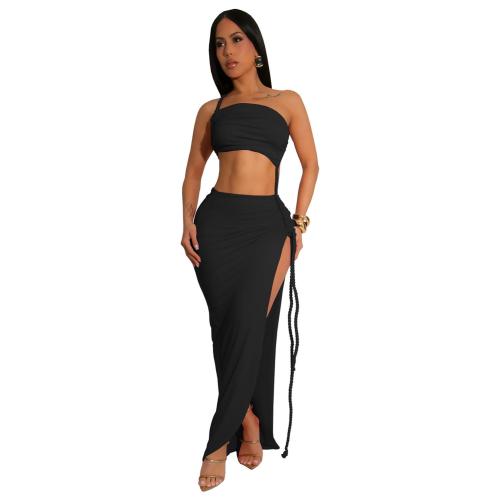 Black Sleeveless Straps Weaving Cut Out High Slit Bodycon Long Dress