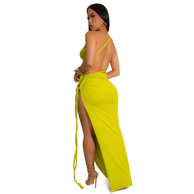 Yellow Sleeveless Straps Weaving Cut Out High Slit Bodycon Long Dress