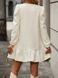 Beige Long Sleeve O Neck Embroidery Fashion Women's Mini Dress