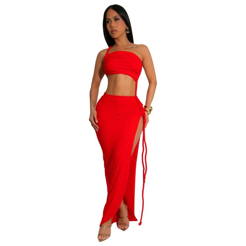 Red Sleeveless Straps Weaving Cut Out High Slit Bodycon Long Dress