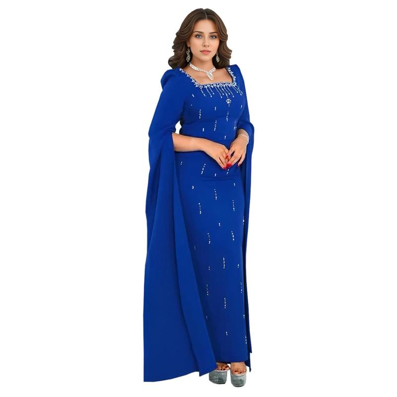 Blue Cape Sleeves Square Neck Diamonds Elegant Women Prom Party Long Dress
